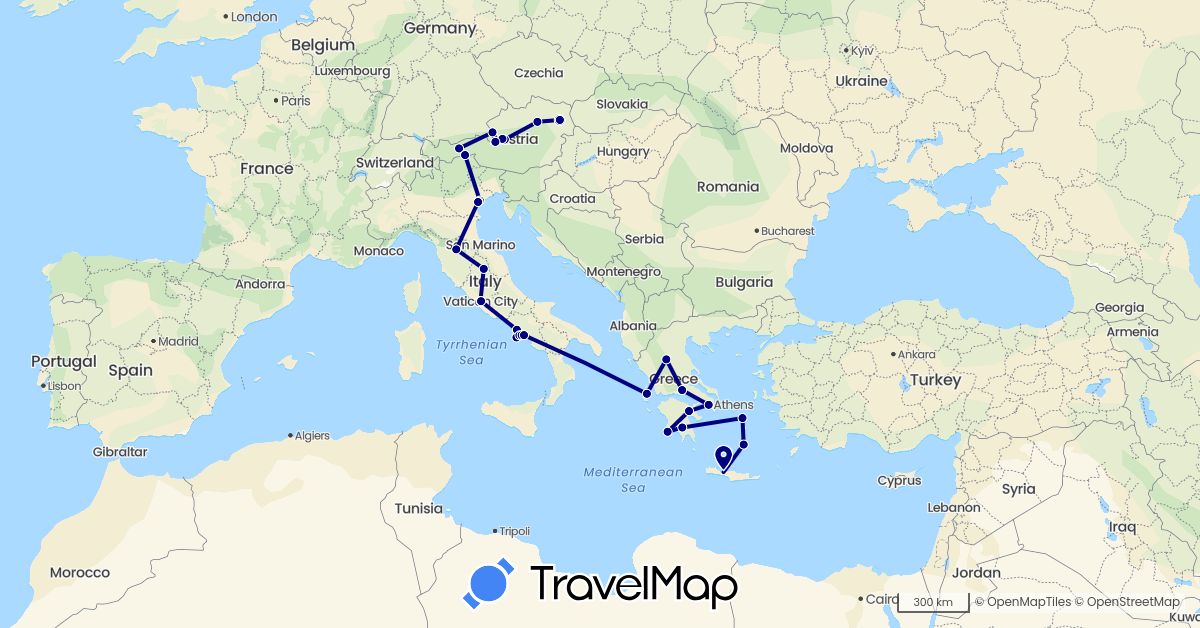 TravelMap itinerary: driving in Austria, Greece, Italy, Vatican City (Europe)